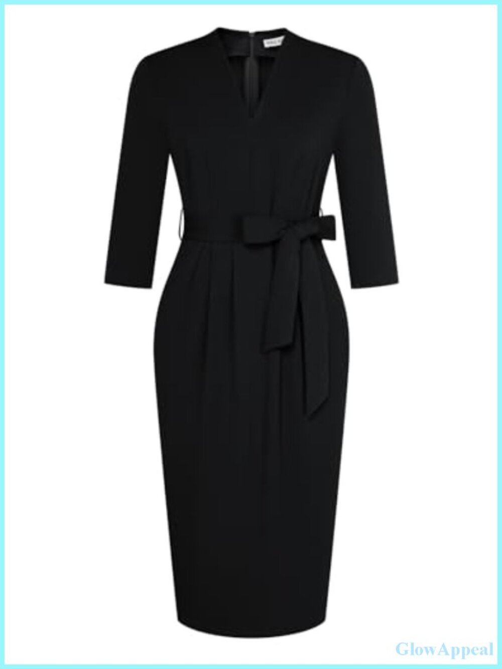 Women's 3/4 Sleeve Bodycon Belted Work Dress with Pockets V-Neck